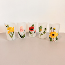 5 Vintage Frosted Hand Painted Flowers Drinking Glasses 4.75