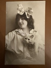 Antique RPPC Pretty Woman Girl w Cat Kitten Huge Bow Edwardian Photo Postcard picture
