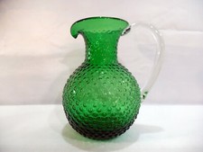 Large Vintage Green Hand Blown Glass Hobnail Pitcher Jug w/ Clear Applied Handle picture