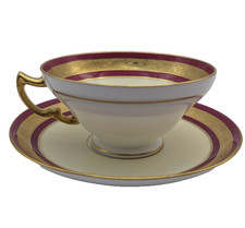 MINTON PORCELAIN BONE CHINA Red Maroon Gold Rim TEA CUP & SAUCER ENGLAND picture