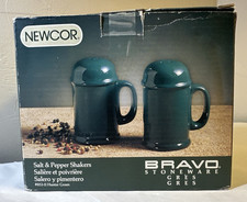 Vintage Newcor Bravo Hunter Green Stoneware Salt and Pepper Shakers Set Boxed picture