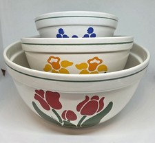 (3) VTG Nina Treasure Craft Floral Pottery Mixing Bowl Tulip Daffodil Blueberry picture