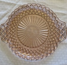 Vintage Anchor Hocking Pink Depression Glass Waffle Handled Serving Platter picture