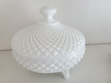 VINTAGE Diamond Pattern MILK GLASS FOOTED Lidded Round Candy DISH 6