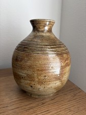 Vintage Studio Pottery Vase Signed Circled N Stoneware Ribbed Brown Glaze 7” picture