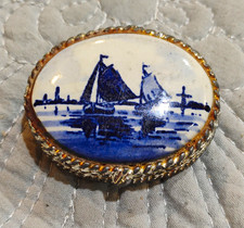 Vtg Delft Blue Hand Painted Ceramic Pill Trinket Box Sailboat Holland Rope Metal picture