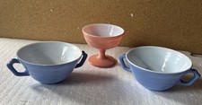 2 Hazel Atlas Moderntone Platonite Blue Two Handled Bowls & 1 Pink Sherbet Bowl picture