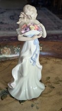 Porcelain Lady Figurine Holding Bouquet of Roses Blue Sash Pink Lace Hem picture