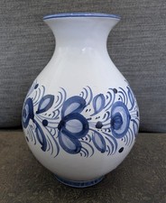 Hand Painted Mexican Pottery Vase Blue Floral White Ceramic Folk Art Vase Signed picture