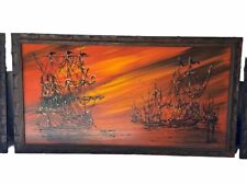 Set Of 3 Vtg Battle Ship Galleon Paintings Sailing Frigates Boat Mid Century Mcm picture
