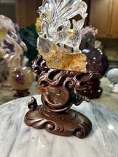 9 nine tail Fox golden healer quartz carving on custom sandalwood stand picture