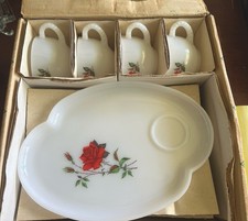 Vintage Federal Glass Rosecrest Dura-White 8pc Snack Set Plates/Cups picture
