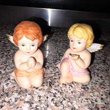 Homco Set of 2 Porcelain Cherub Angel Figurines 1970s Matte 3D Effect picture
