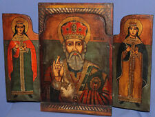 Vintage hand painted tempera/wood triptych icon Saint Nicholas picture