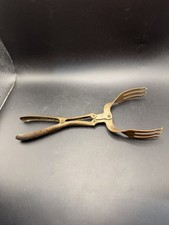 Antique Vintage Scissor Action Meat Serving Tongs Fork Tines Brass Metal  picture