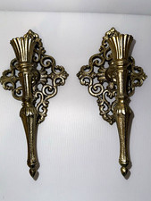 Vintage Pair Gold Tone Metal Wall Candle Sconces Ornate Scroll Wall Mounted 8 in picture