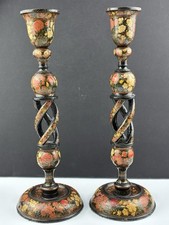 Pair of Antique Hand-Painted Gilt, Lacquered KASHMIRI BARLEY-TWIST Candlesticks picture