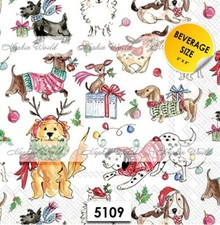 (5109) TWO Paper BEVERAGE / COCKTAIL Decoupage Art Craft Napkins  DOGS CHRISTMAS picture