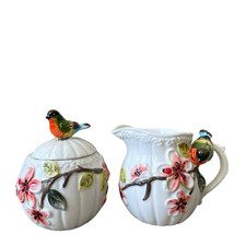 Corner Ruby Botanical Collection Floral & Bird Ceramic Sugar & Creamer Set NEW picture