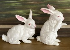 2 Vtg. PINK + WHITE Hand Painted Ceramic Bunny Rabbit Figurines NAPCOWARE, JAPAN picture
