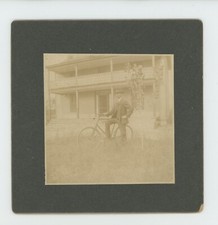 Vintage Antique Cabinet Card Photo On Board Dapper Man Rides Bicycle Home 1880s picture