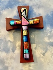 SPECTACULAR UNIQUE FUSED DICHROIC WALL CROSS-MOUNTED ON WOODCROSS & HAND ETCHED picture