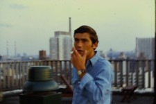 c1970's Kodachrome 35mm Slide, Man Smoking Rooftop, City Skyline Portrait blue picture