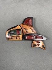 VINTAGE FIRST NATION CARVED KILLER WHALE  SIGNED RALPH SHAUGHNESSY WOOD CARVING picture