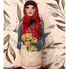 Vintage rustic paper mache peasant woman figurine Folkart/primitive/shelf sitter picture