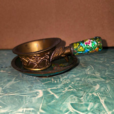 Vintage Chinese Brass Silk Iron / Pan Scoop with Floral Enamel Handle picture