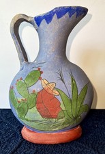 Vintage Tlaquepaque Mexican Pottery Pitcher Rare Matte Blue Folk Art -1950’s picture