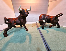 Vintage Pair Bull Ceramic Figurines Brown/White Horns Painted picture