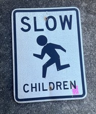 Vintage White Slow Children Playing Street Sign Metal Steel Retired Sign picture