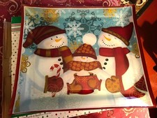 Pfaltzgraff Glass Platter Snowman Winter Christmas 12 inch square WARM WELCOME picture