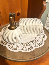 White & Gold Ceramic Table Lighter w/ Metal Top, Swirl Design, Trinket Box picture
