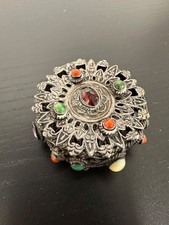 Antique Vintage Argentine ornate Trinket filigree multicolor 900 Silver Box picture