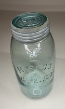 Antique Mason’s Improved Maltese Hero Cross 1.75 Qt HFJ Co Glass Lid Zinc Band picture