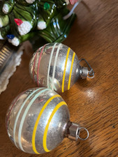 Set of 2 Vntg Made in the US of A glass ornaments yellow, blue & pink  stripes picture