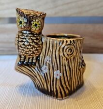 Adorable Vintage Owl On Tree Trunk Tooth Pick Holder With Hand Painted Flowers picture