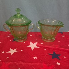 Uranium Sylvan Parrot Cream & Sugar Set Depression Glass Federal GLOWS CHIPPED  picture