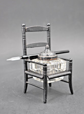 Antique Miniature Armchair Desk Inkwell Set Metal Ladderback Glass Insert picture