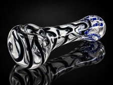 Glass Tobacco Hand Pipe Black Swirl Clear Glass Cobalt Blue Accents picture