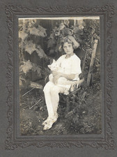 Little Girl Holding White Cat Antique Mounted Photo picture