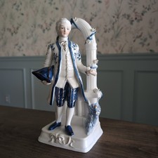 Vintage Porcelain Victorian Man Figurine Blue White Gold 18th Century Gentleman picture