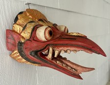 Vintage Balinese Bali Wood Carved & Painted Polychrome Garuda Bird Mask 11” picture
