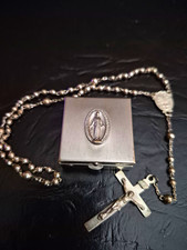 Vintage Catamore Sterling Silver Pull Chain Rosary Set with Matching Medal Box.  picture