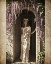 Greek Goddess Wisteria Arch White Drape Floral Crown Fantasy Art Print picture