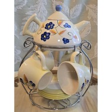 Vintage Miniature Tea Set Hand Painted Floral Ceramic Teapot Cups Saucers Stand picture