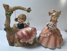 VINTAGE TWO NAPCO VASE/PLANTERS-GIRL On Swing & GIRL w/flowers 1950's Read picture