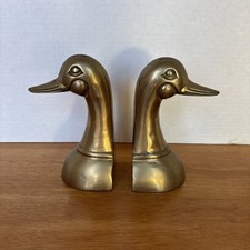 Pair of Vintage Solid Brass Mallard Duck Head Bookends Mid-Century Modern 6